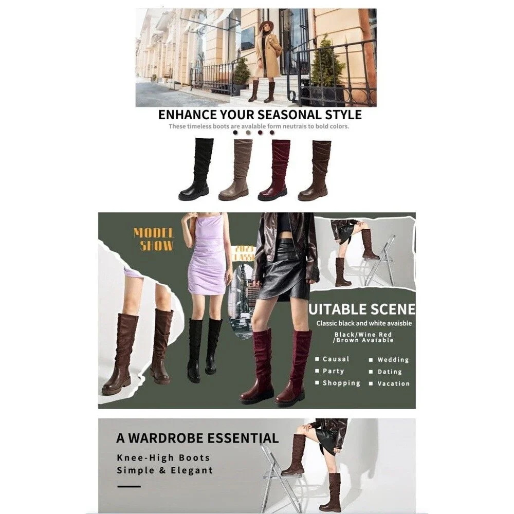Women's Fashion Thick Heel Riding Boots Black Side Zipper Durable Elegant 7.5